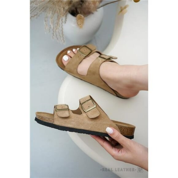 Womens Leather Flat Sandals Open Toe Slides Arch Support Summer Beach Shoes - Picture 5 of 7